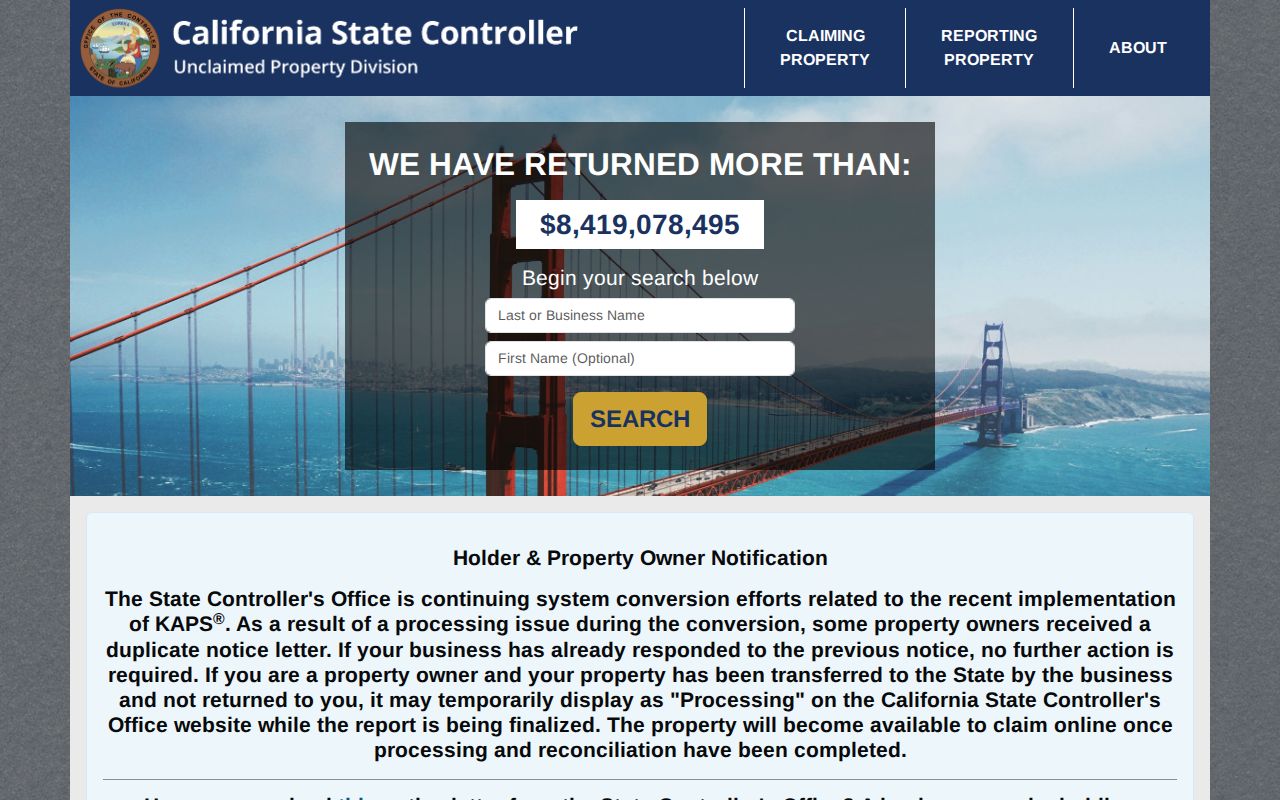 Mountain View resident lookup California State Controller unclaimed property